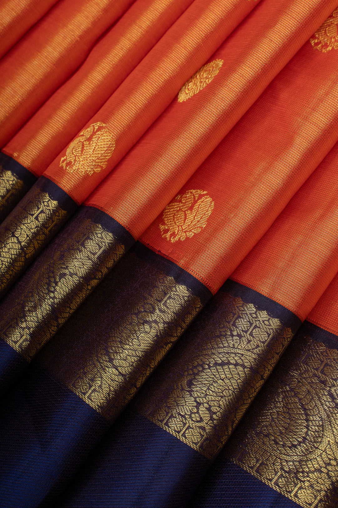 Rust orange and navy blue Vairaoosi pure Kanchipuram silk saree