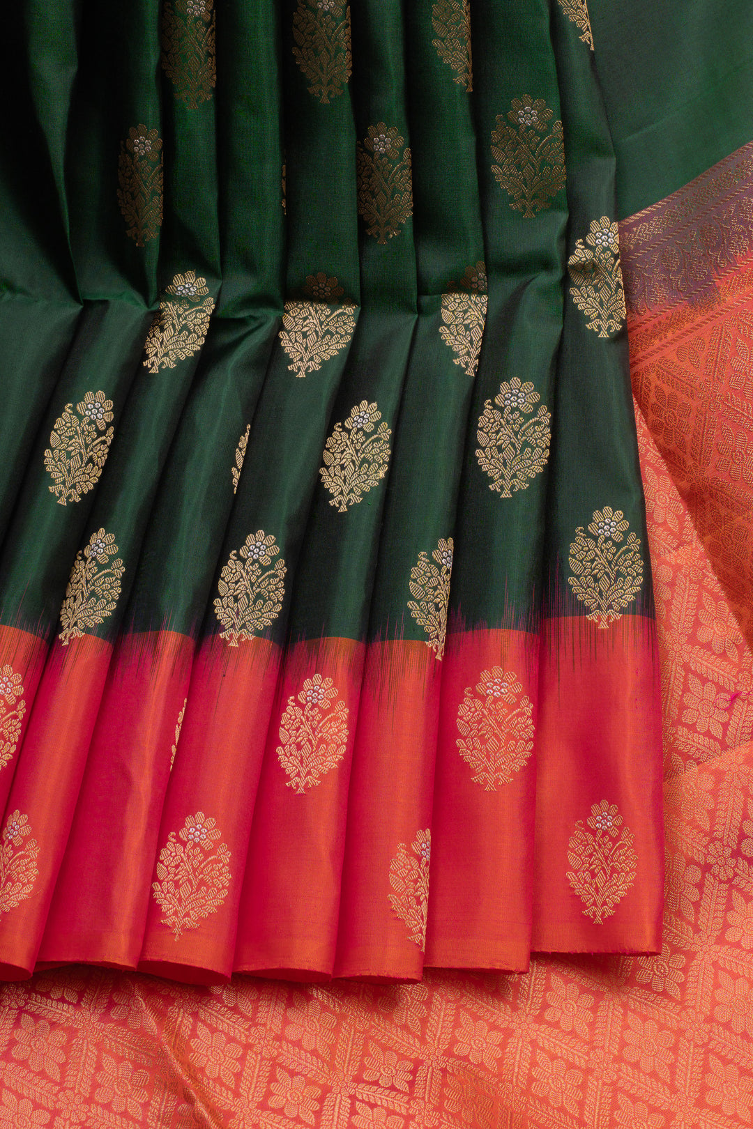 Bottle green and peach traditional pure soft silk saree