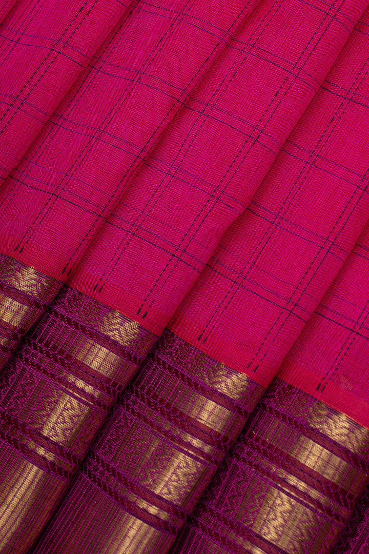 Pink and Green checks silk cotton saree