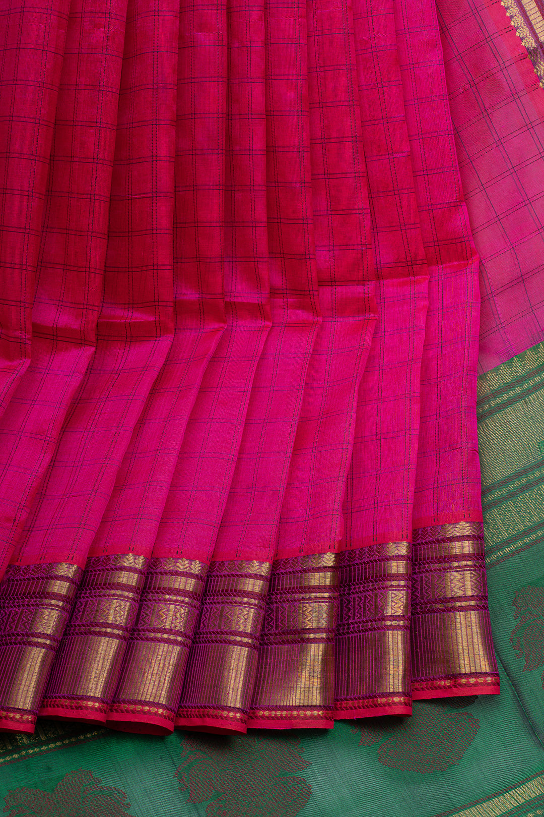 Pink and Green checks silk cotton saree