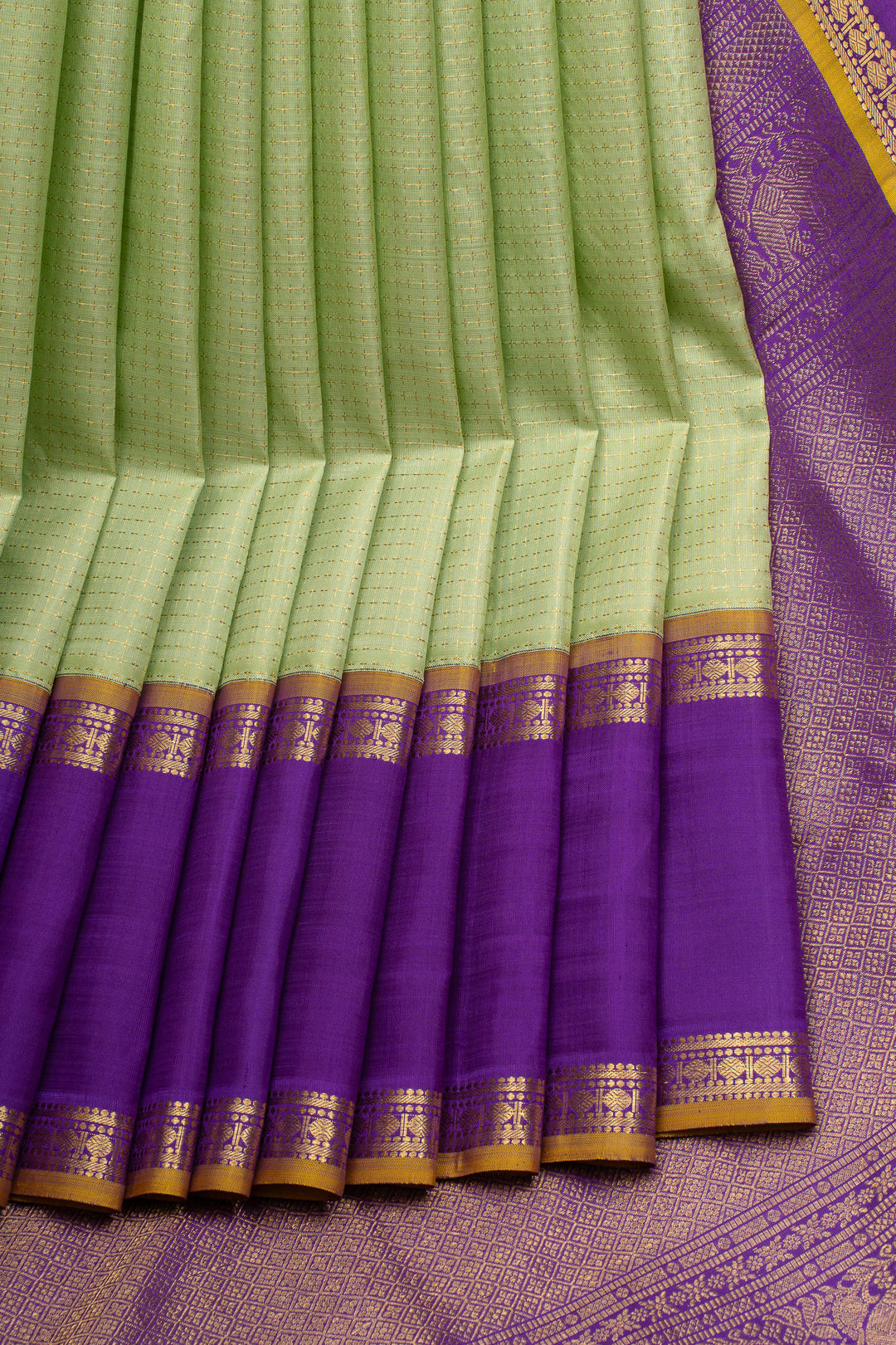 Mint green and purple plus veldhari checks pure kanchipuram silk saree