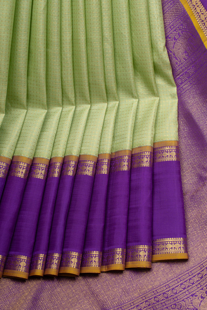 Mint green and purple plus veldhari checks pure kanchipuram silk saree