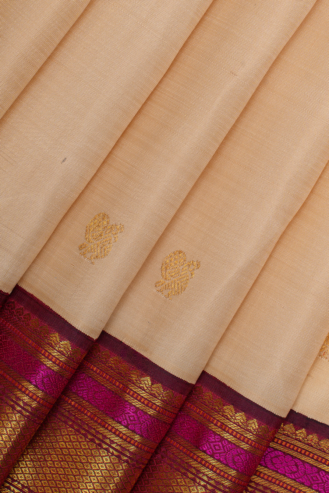 Cream and purple traditional pure kanchipuram silk saree