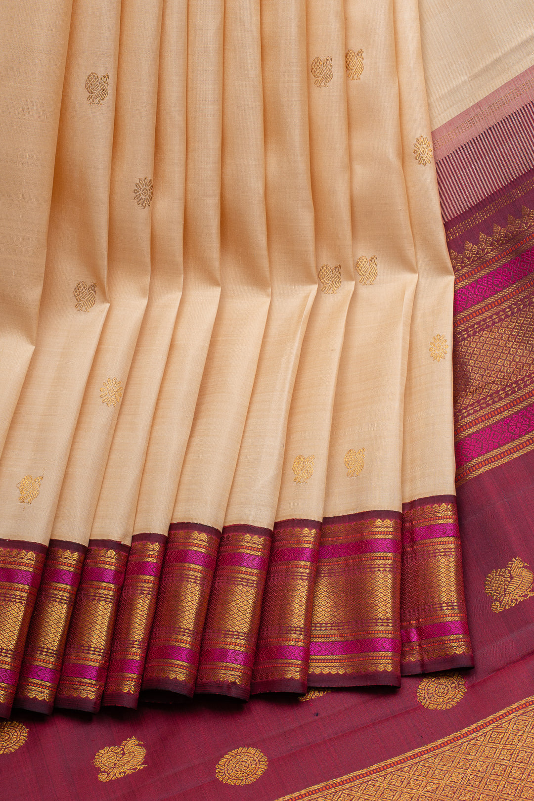 Cream and purple traditional pure kanchipuram silk saree