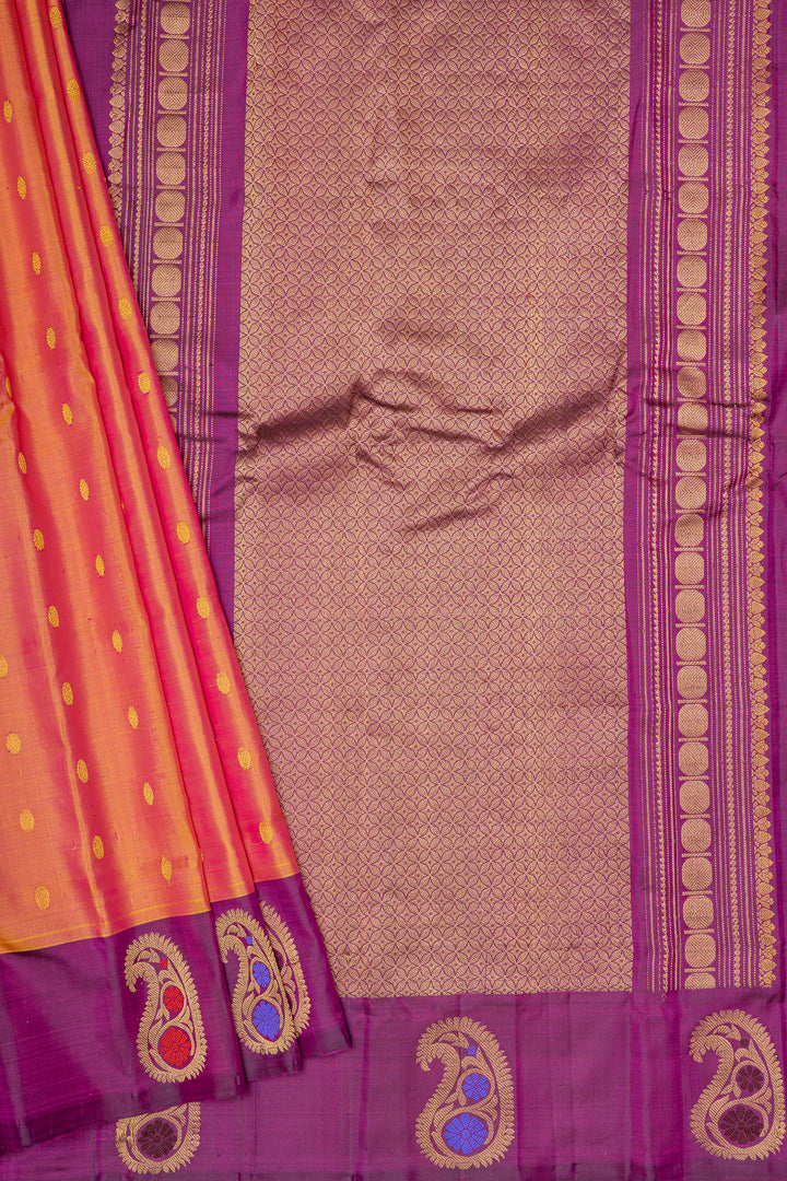 Peach and purple minakari motifs pure Gadwal silk saree