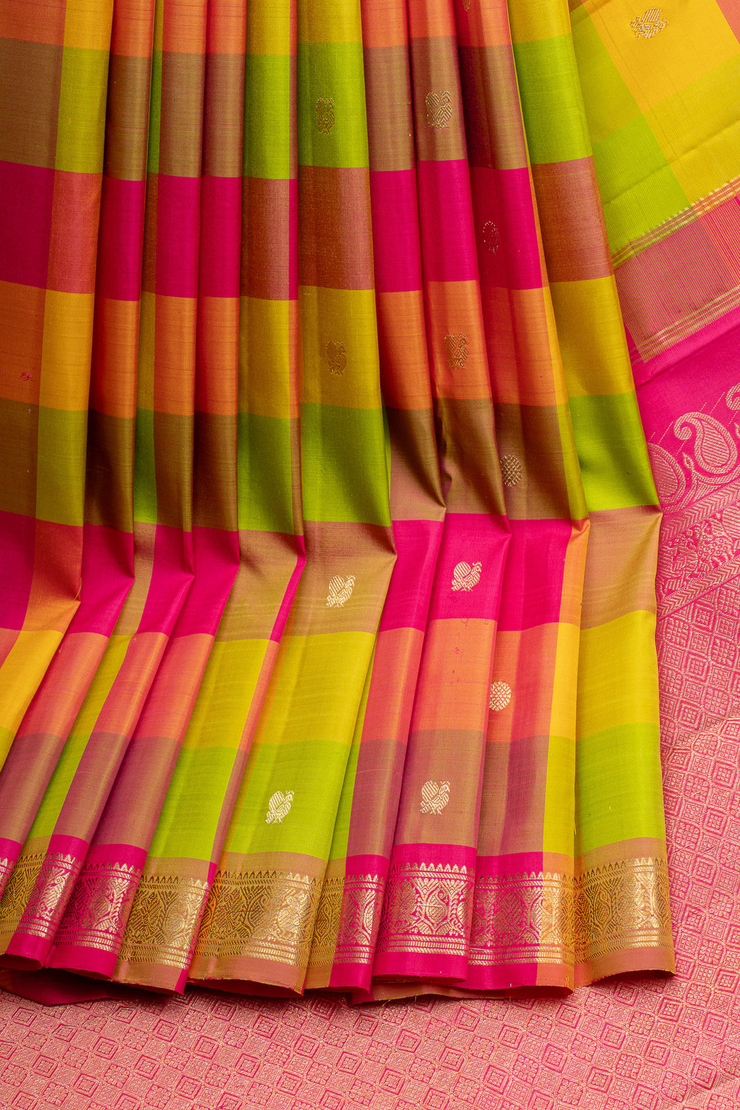 Palum pazhamum multi checks pure kanchipuram silk saree