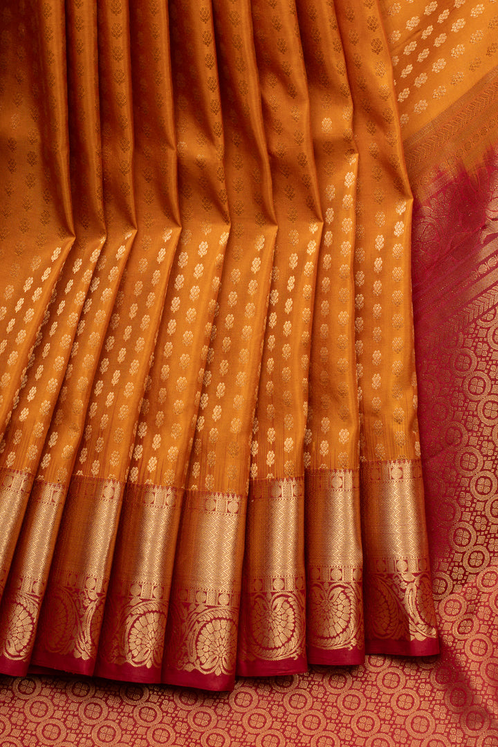 Rust orange and maroon Laksha buttas pure soft silk saree