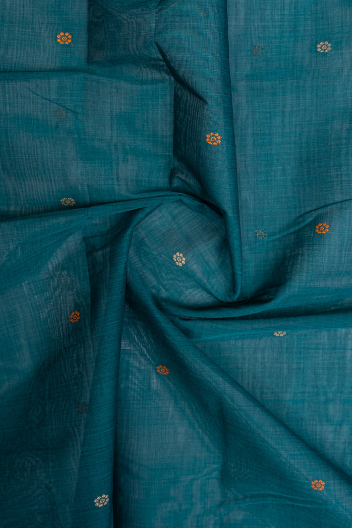 Peacock Blue threadwork pure cotton silk saree