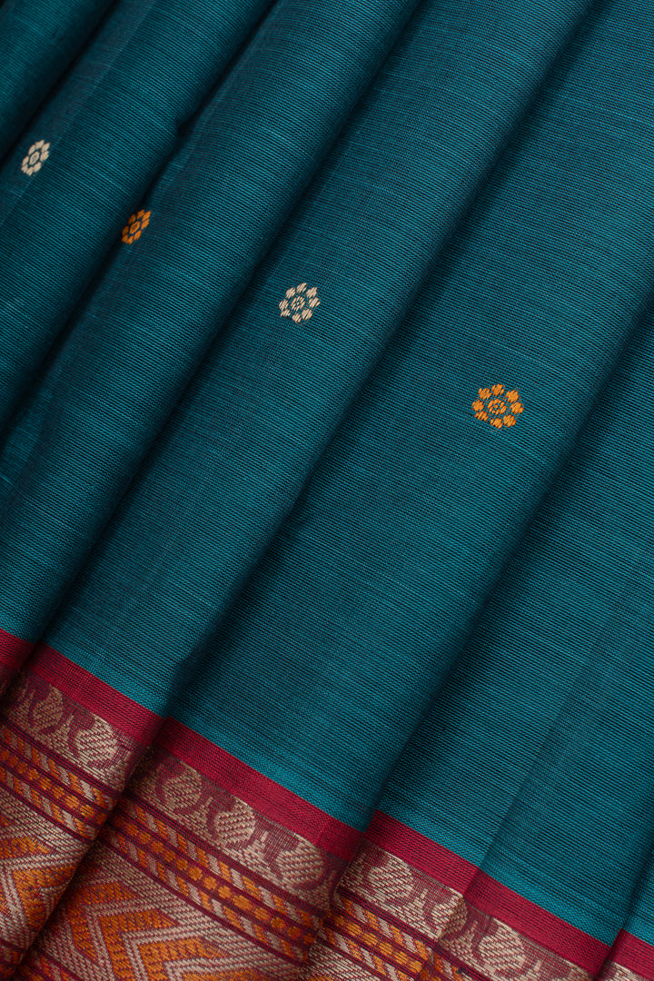 Peacock Blue threadwork pure cotton silk saree