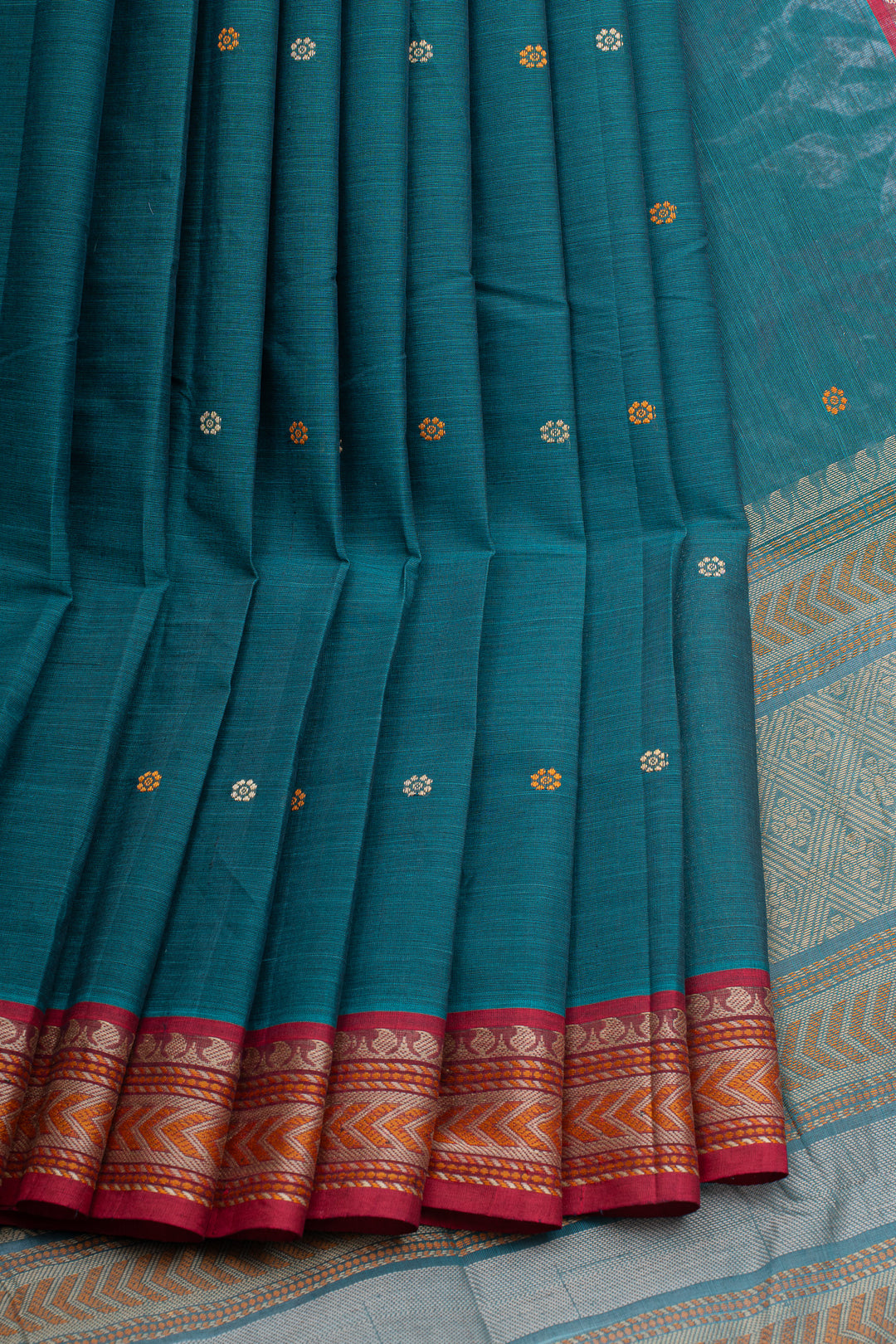 Peacock Blue threadwork pure cotton silk saree