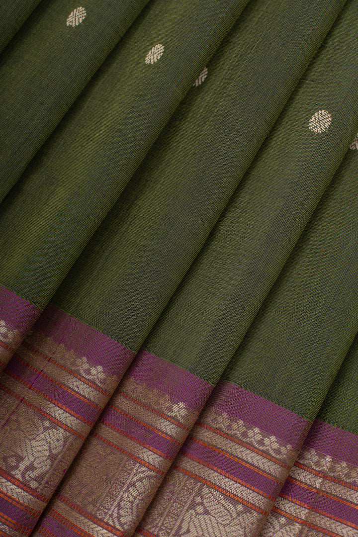 Moss green threadwork  pure cotton silk saree