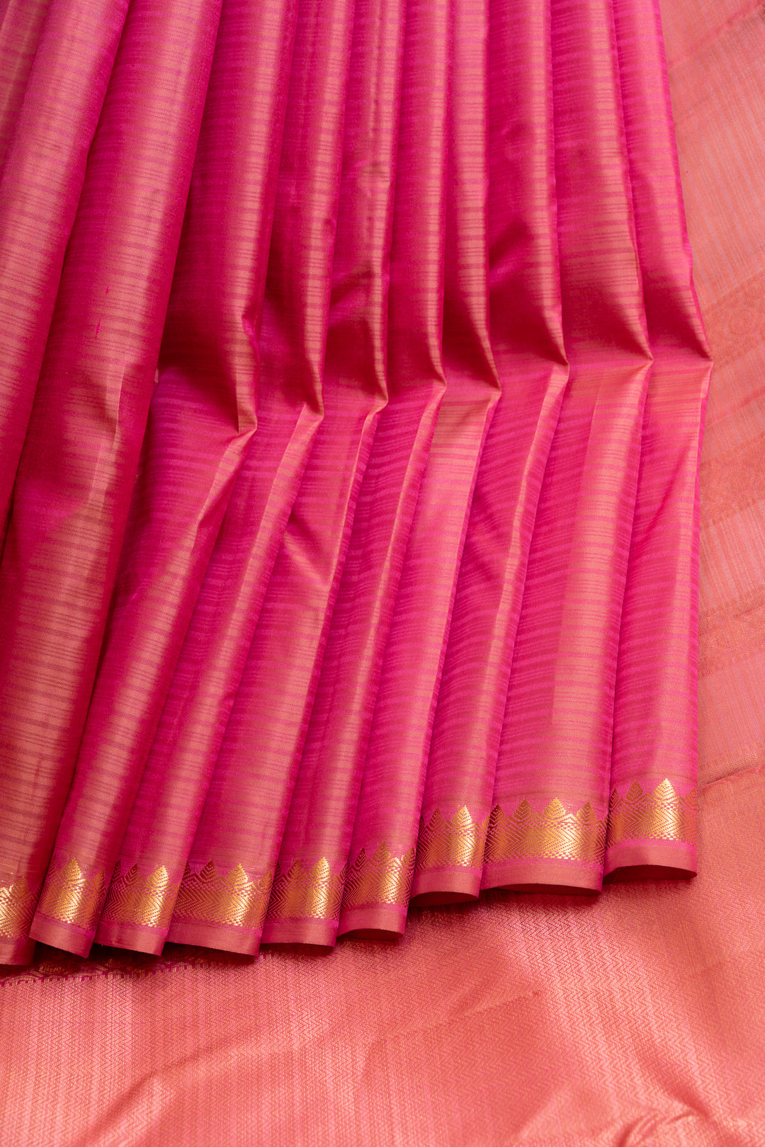 Peach pink self stripes pure Kanchipuram silk saree