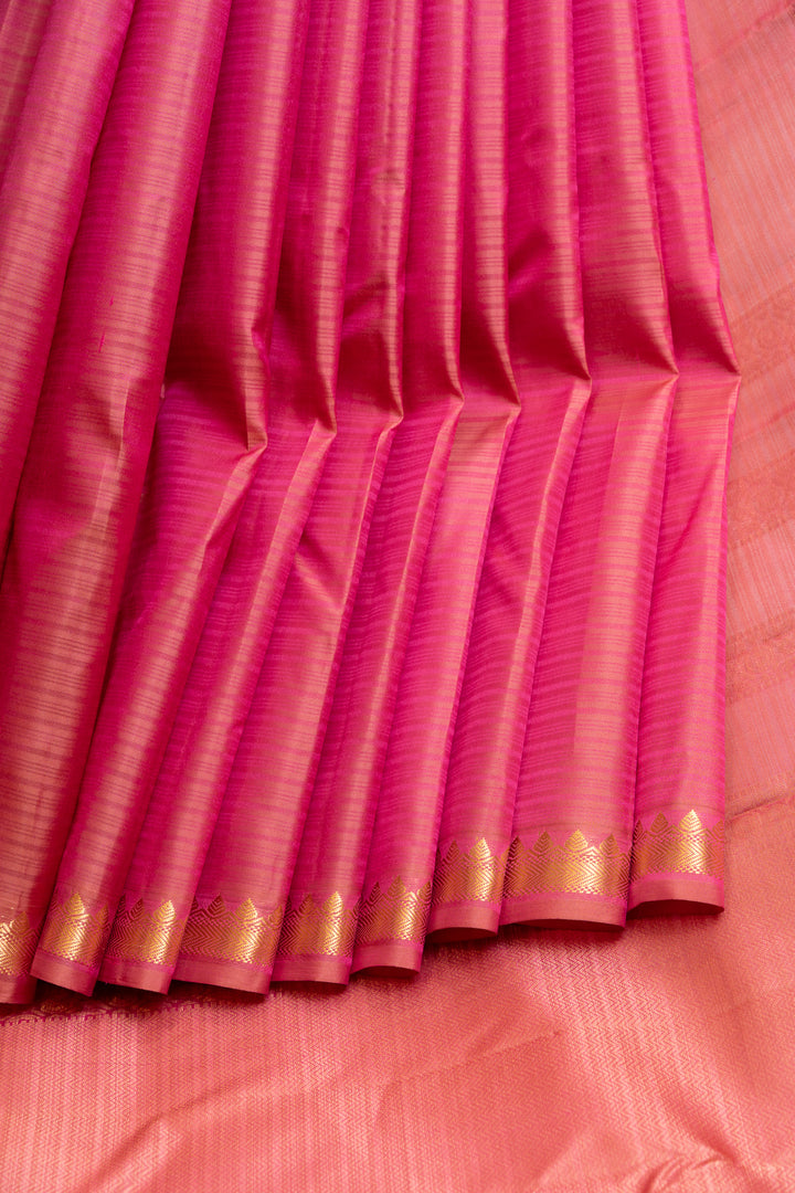 Peach pink self stripes pure Kanchipuram silk saree