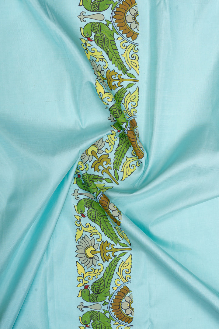 Baby blue Kalamkari Handpainted artistic Kanjivaram silk saree