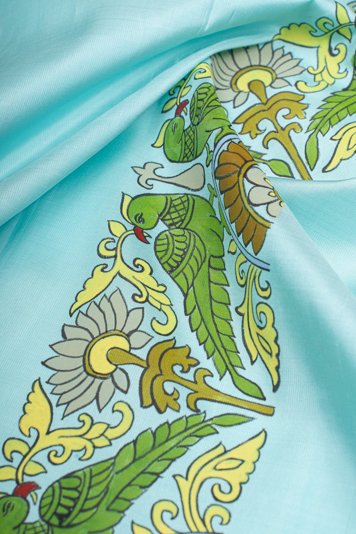 Baby blue Kalamkari Handpainted artistic Kanjivaram silk saree