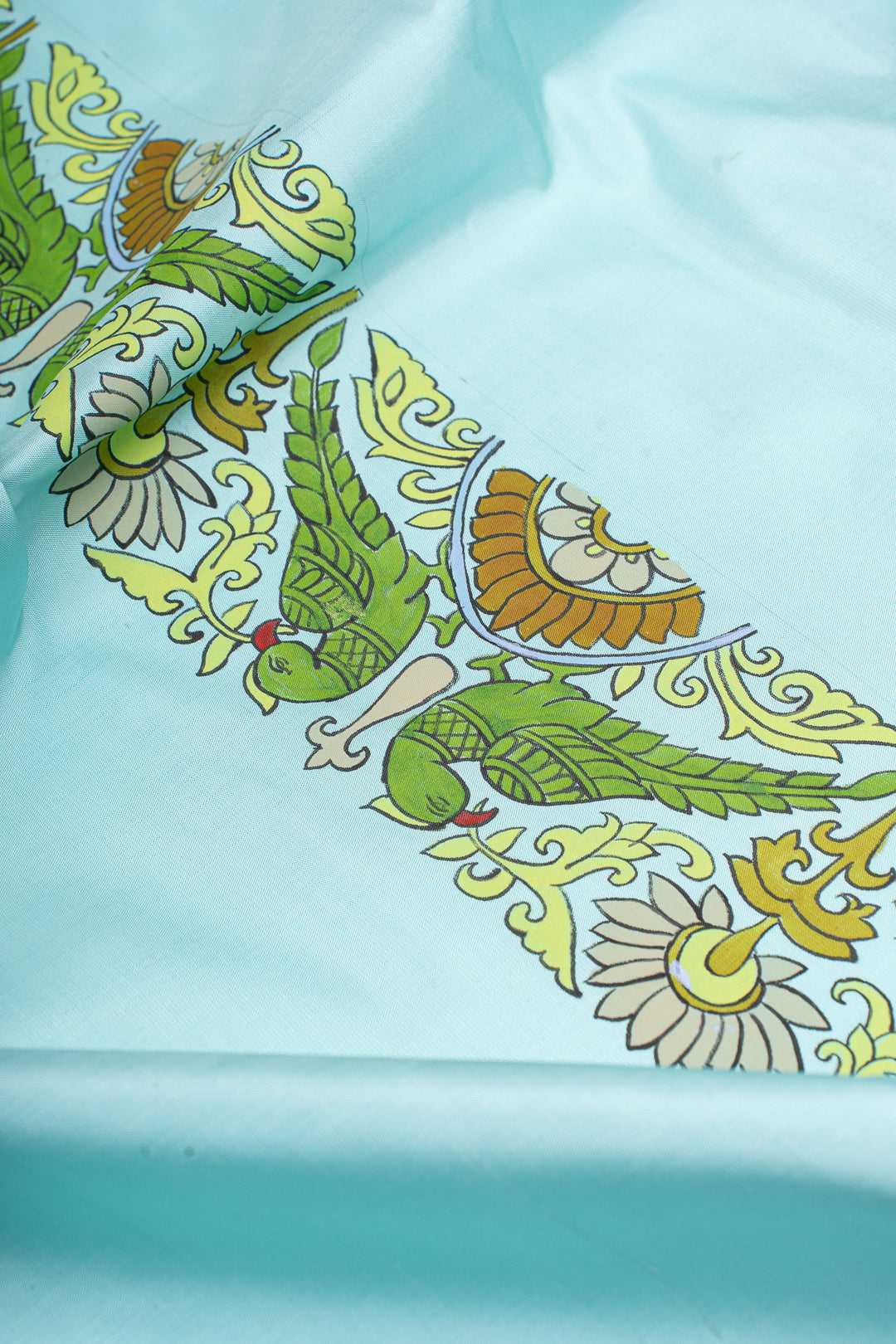 Baby blue Kalamkari Handpainted artistic Kanjivaram silk saree