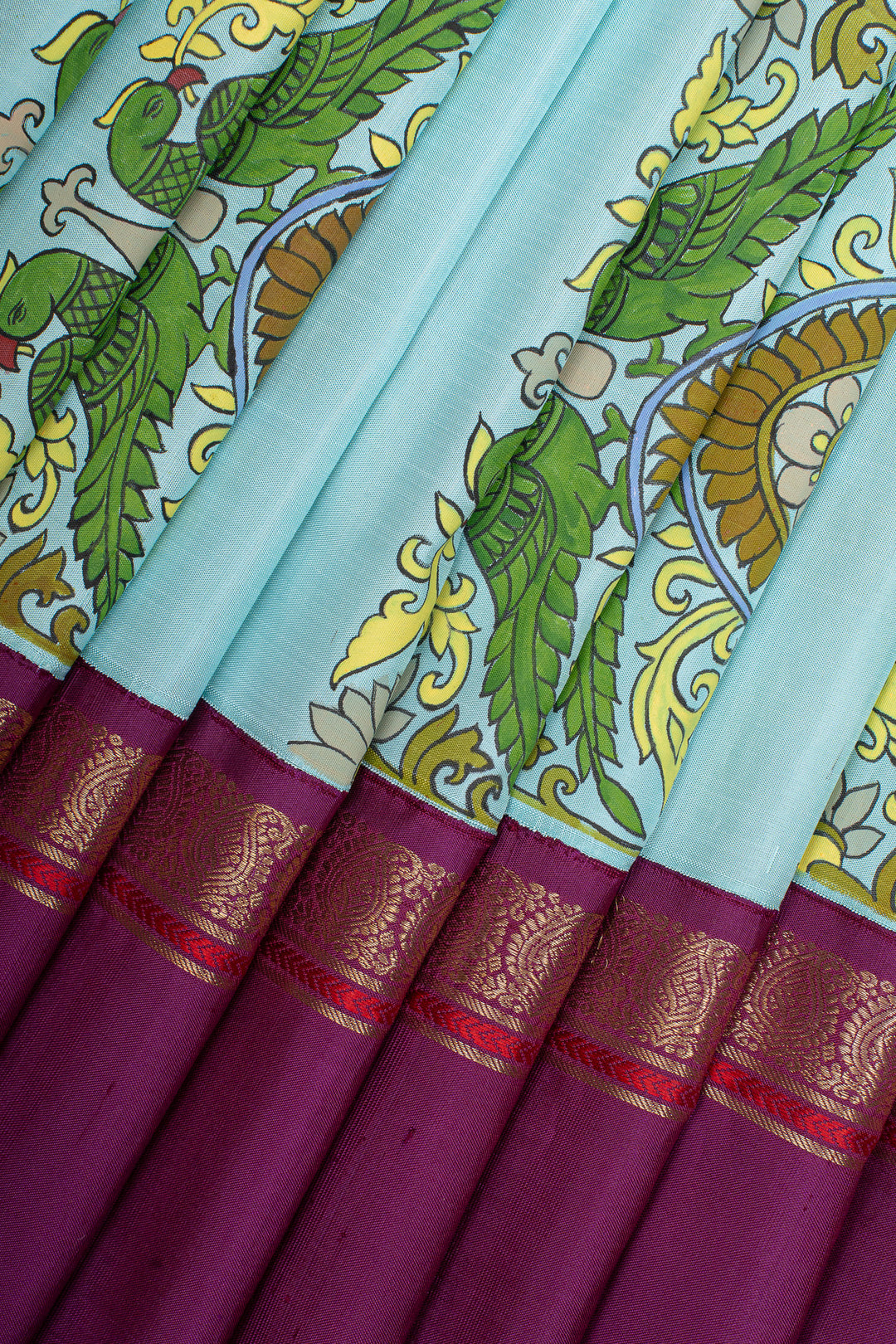 Baby blue Kalamkari Handpainted artistic Kanjivaram silk saree