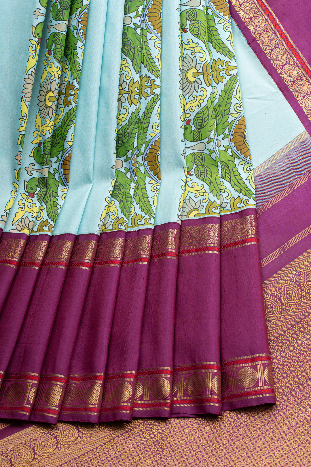 Baby blue Kalamkari Handpainted artistic Kanjivaram silk saree
