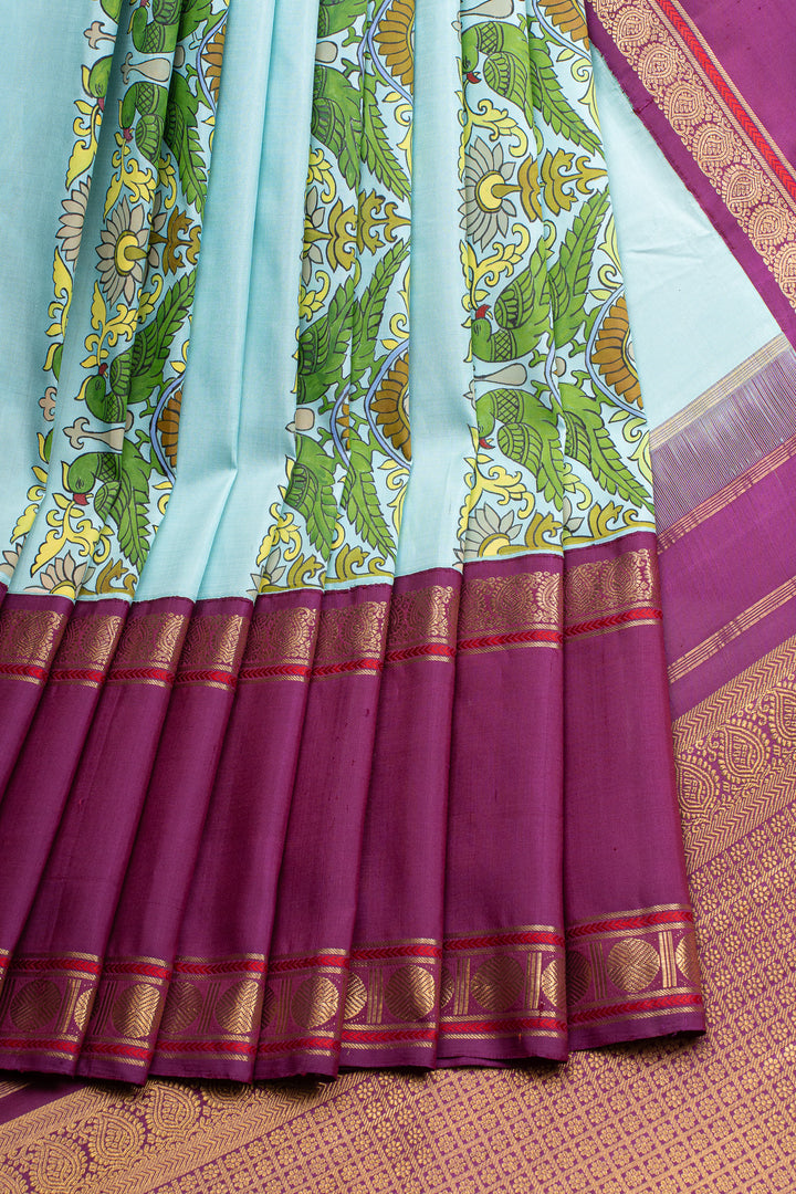 Baby blue Kalamkari Handpainted artistic Kanjivaram silk saree