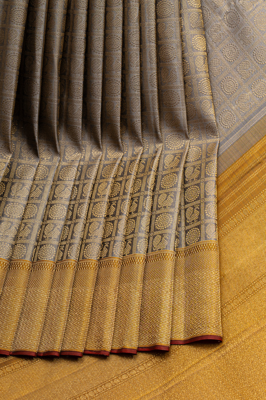 Greyish gold and mustard annam chakram brocade pure kanchipuram silk saree