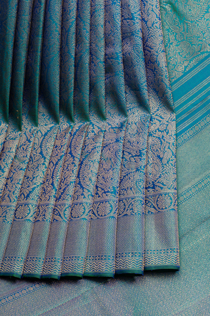 Peacock blue  paisley brocade pure kanchipuram silk saree