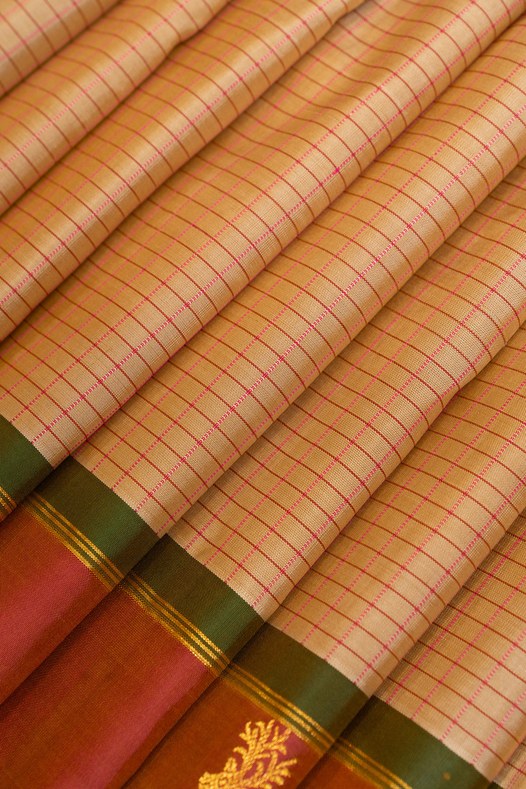 Beige checks pure Kanchipuram silk saree