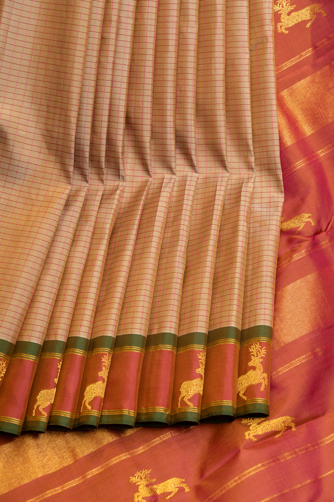 Beige checks pure Kanchipuram silk saree