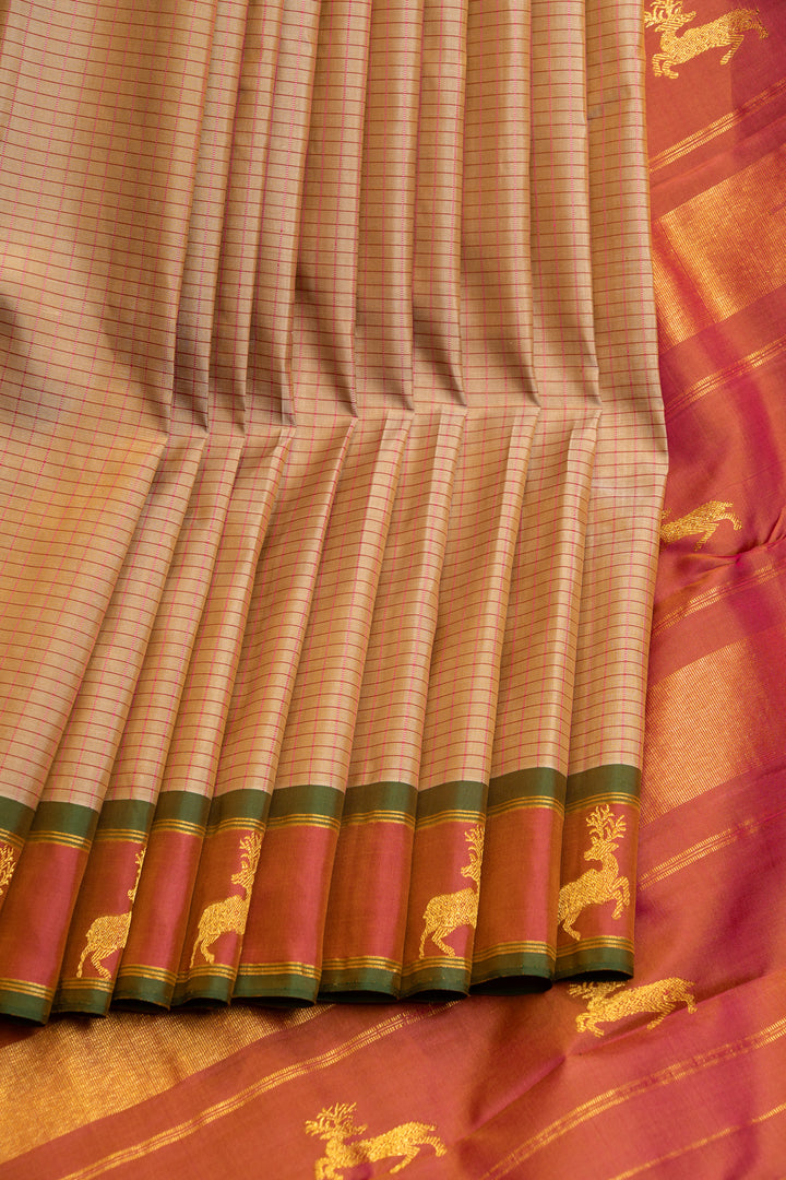 Beige checks pure Kanchipuram silk saree