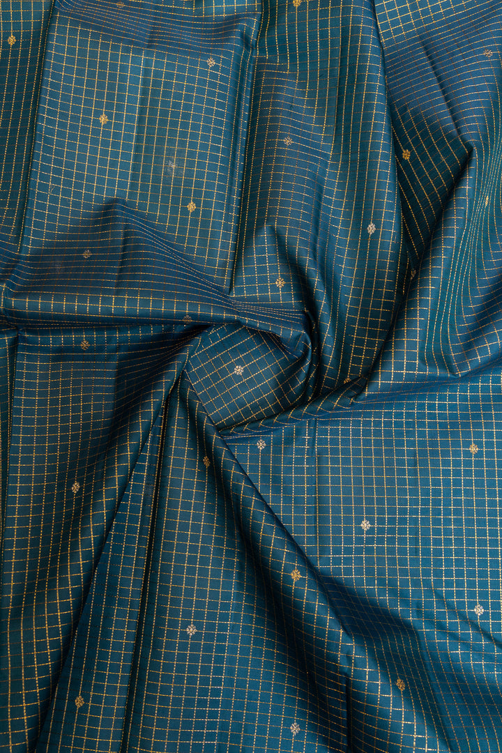 Peacock blue and green Zari checks pure Kanchipuram silk saree