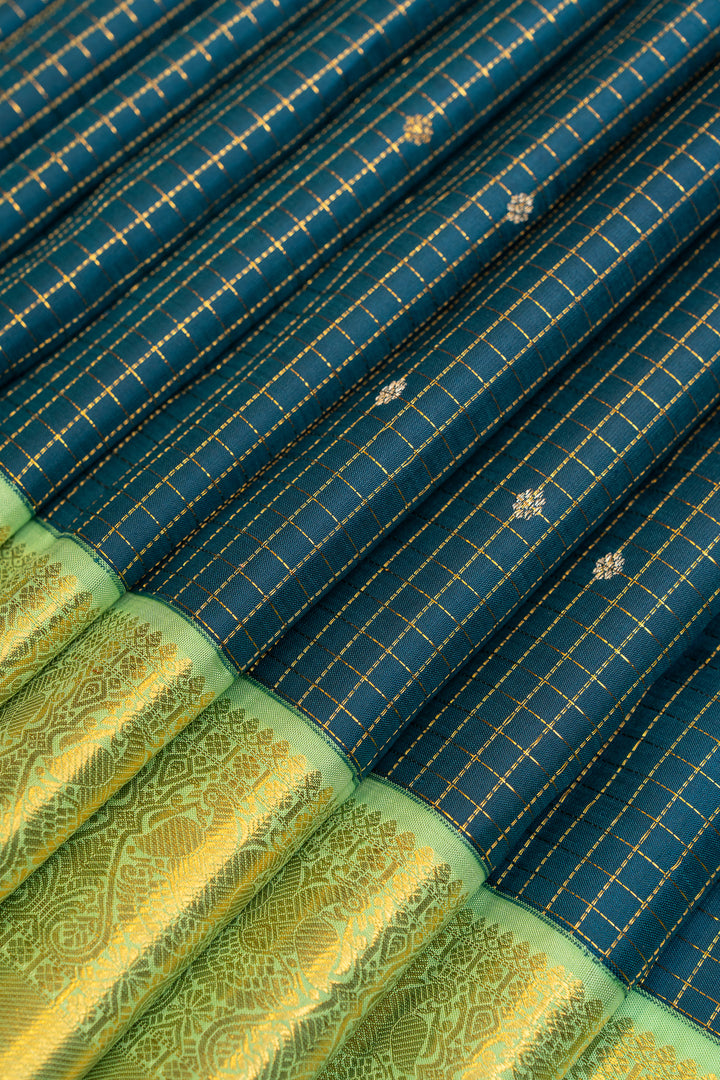 Peacock blue and green Zari checks pure Kanchipuram silk saree