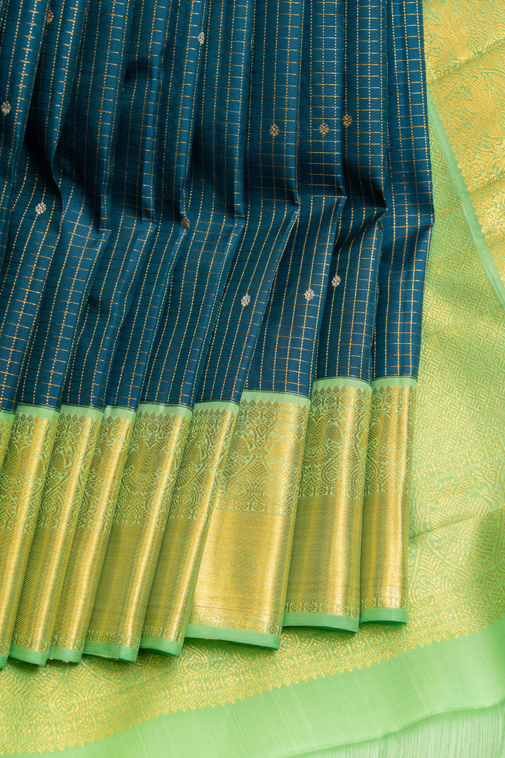 Peacock blue and green Zari checks pure Kanchipuram silk saree
