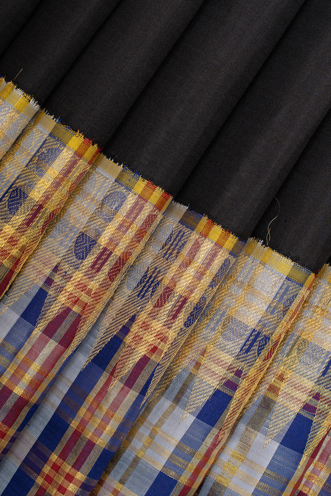 Black multi checks Korvai border pure Kanchipuram silk saree