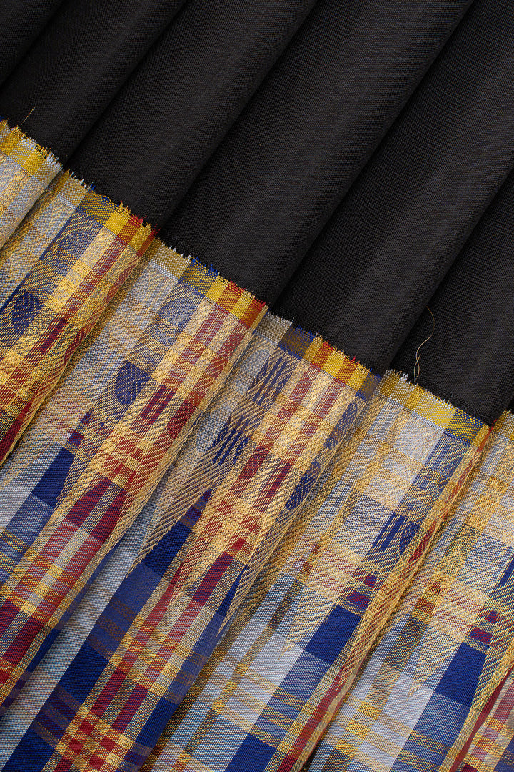 Black multi checks Korvai border pure Kanchipuram silk saree