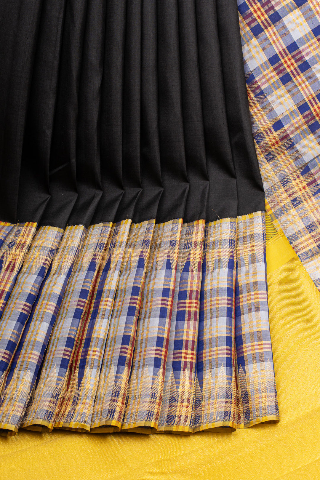 Black multi checks Korvai border pure Kanchipuram silk saree