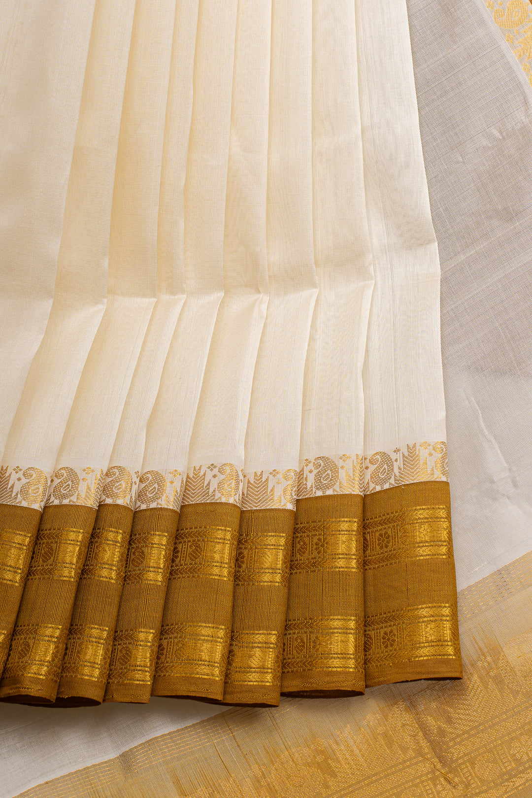 Off white and mustard pure silk cotton saree