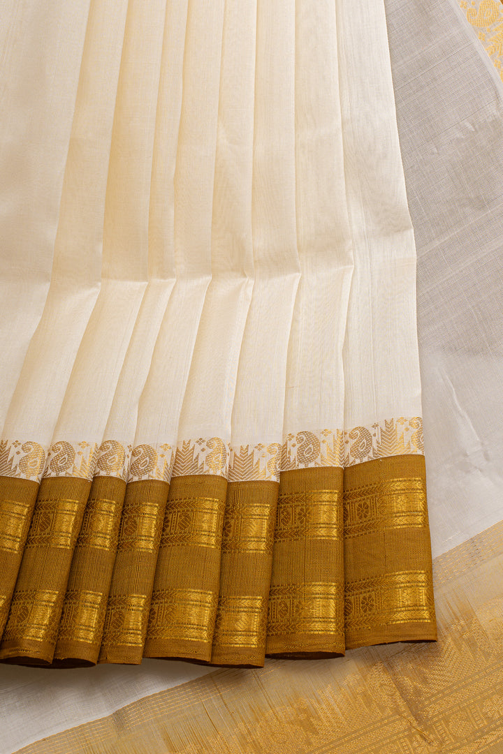 Off white and mustard pure silk cotton saree
