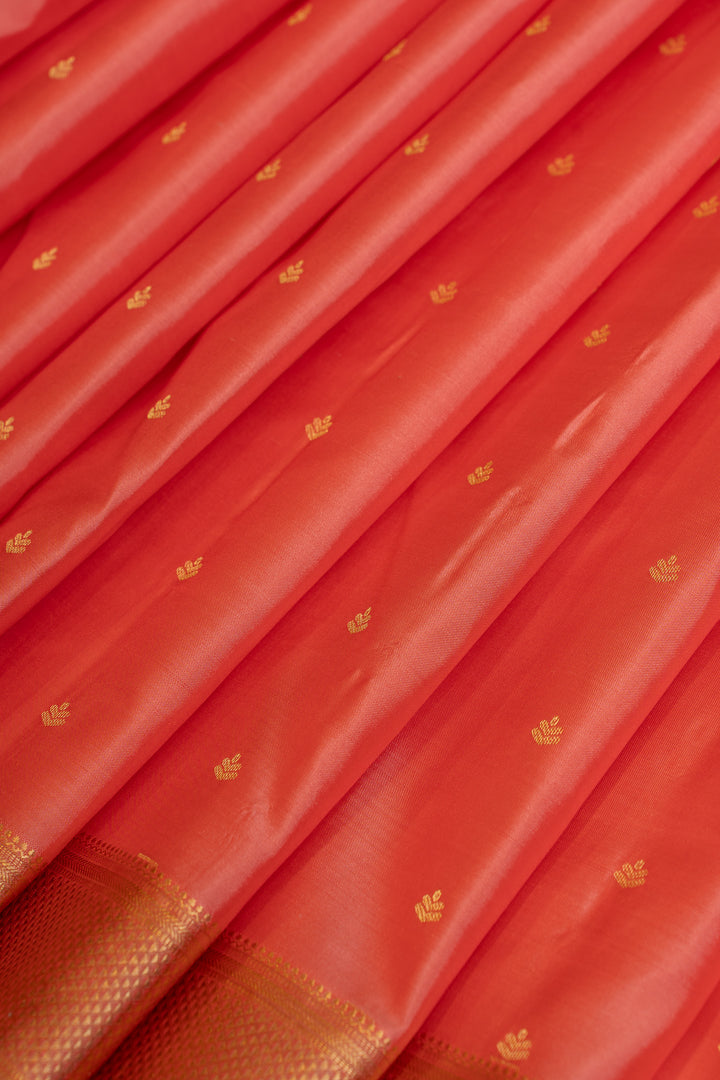 Peach and gold small border pure kanchipuram silk saree