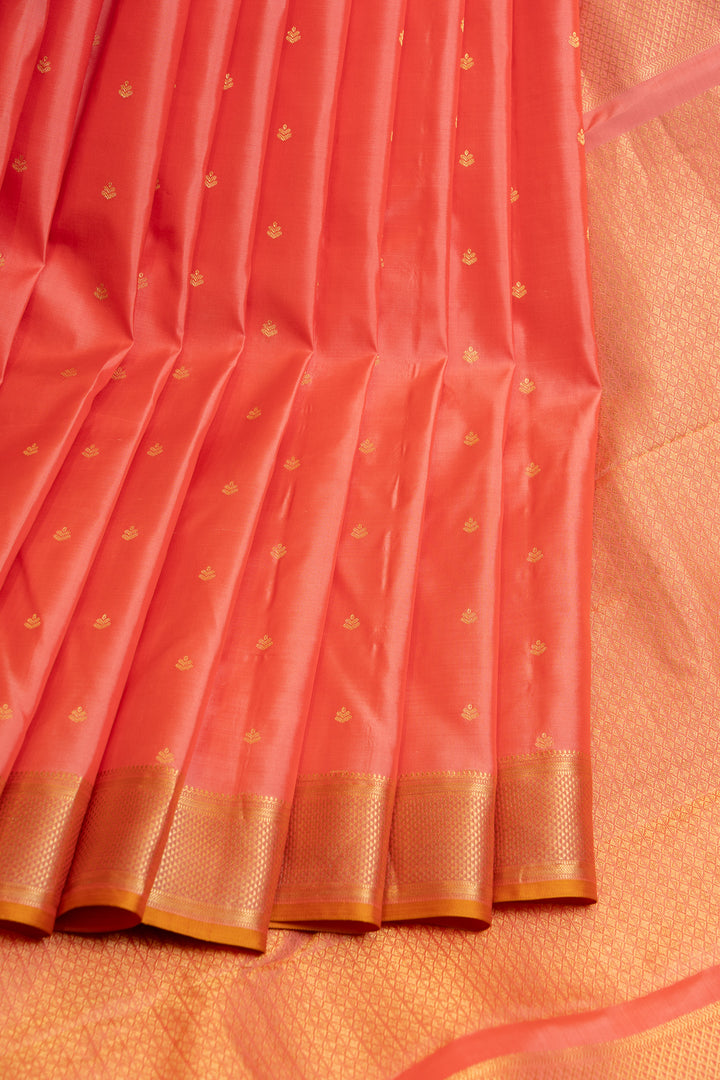 Peach and gold small border pure kanchipuram silk saree