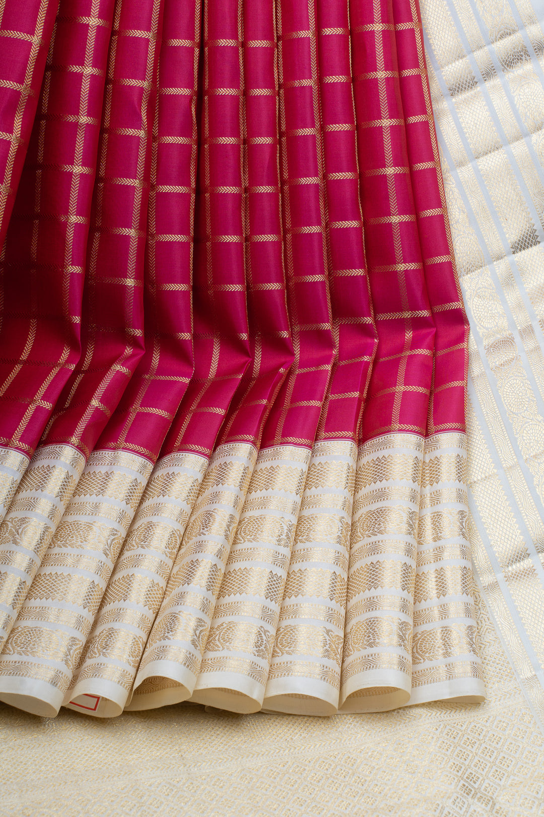 Red and ivory check pure kanchipuram silk saree