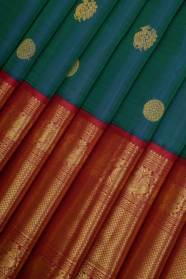 Peacock blue and red traditional pure kanchipuram silk