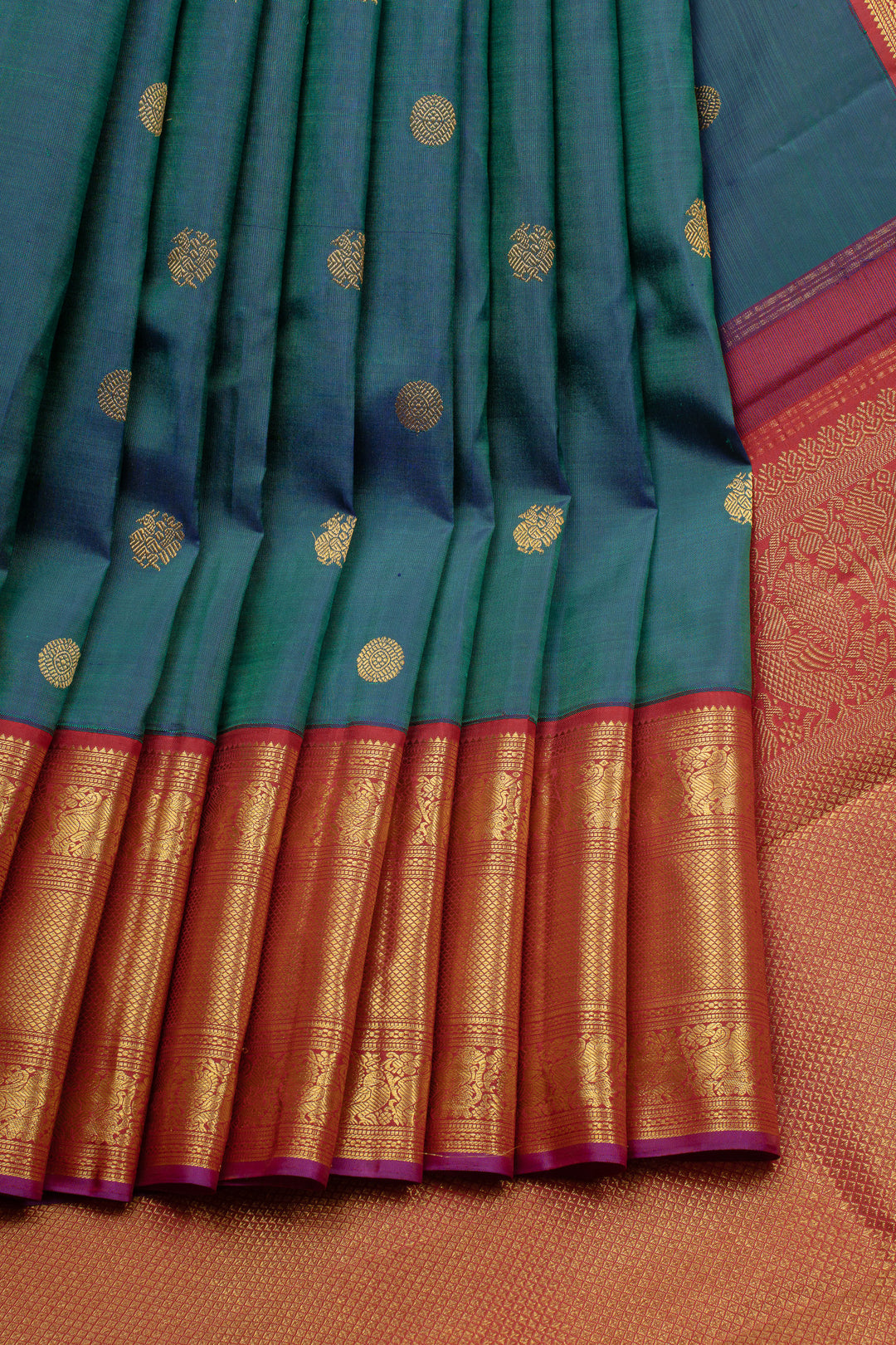 Peacock blue and red traditional pure kanchipuram silk