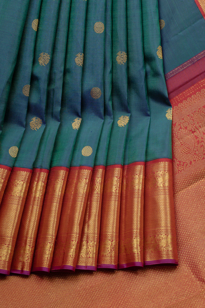 Peacock blue and red traditional pure kanchipuram silk