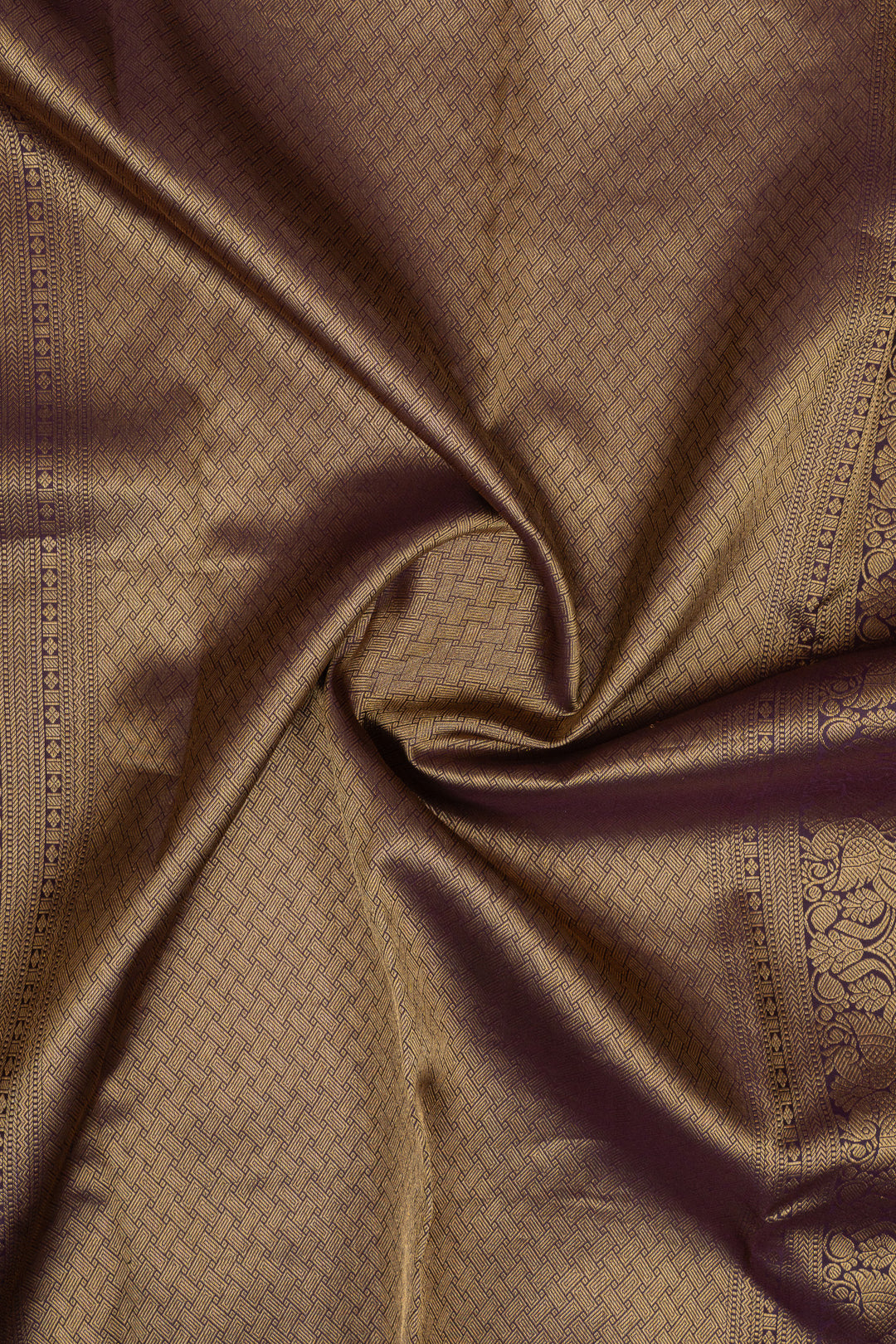 Rust orange Zari checks &amp; purple varisaipettu pure Kanchipuram silk saree