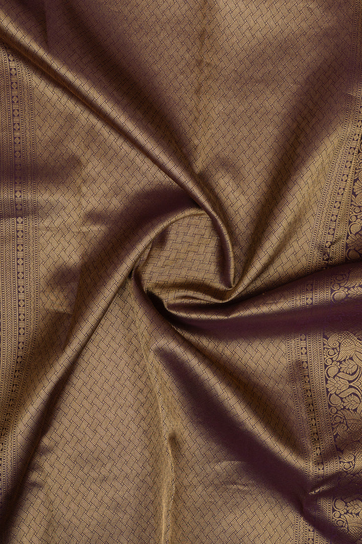 Rust orange Zari checks &amp; purple varisaipettu pure Kanchipuram silk saree
