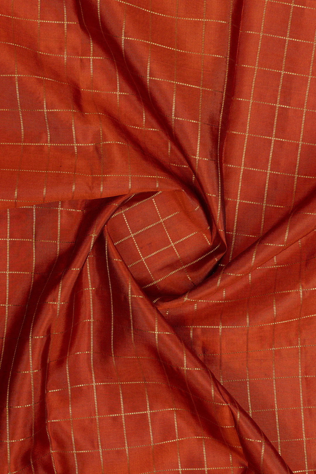 Rust orange Zari checks &amp; purple varisaipettu pure Kanchipuram silk saree