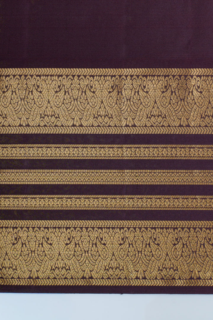 Rust orange Zari checks &amp; purple varisaipettu pure Kanchipuram silk saree