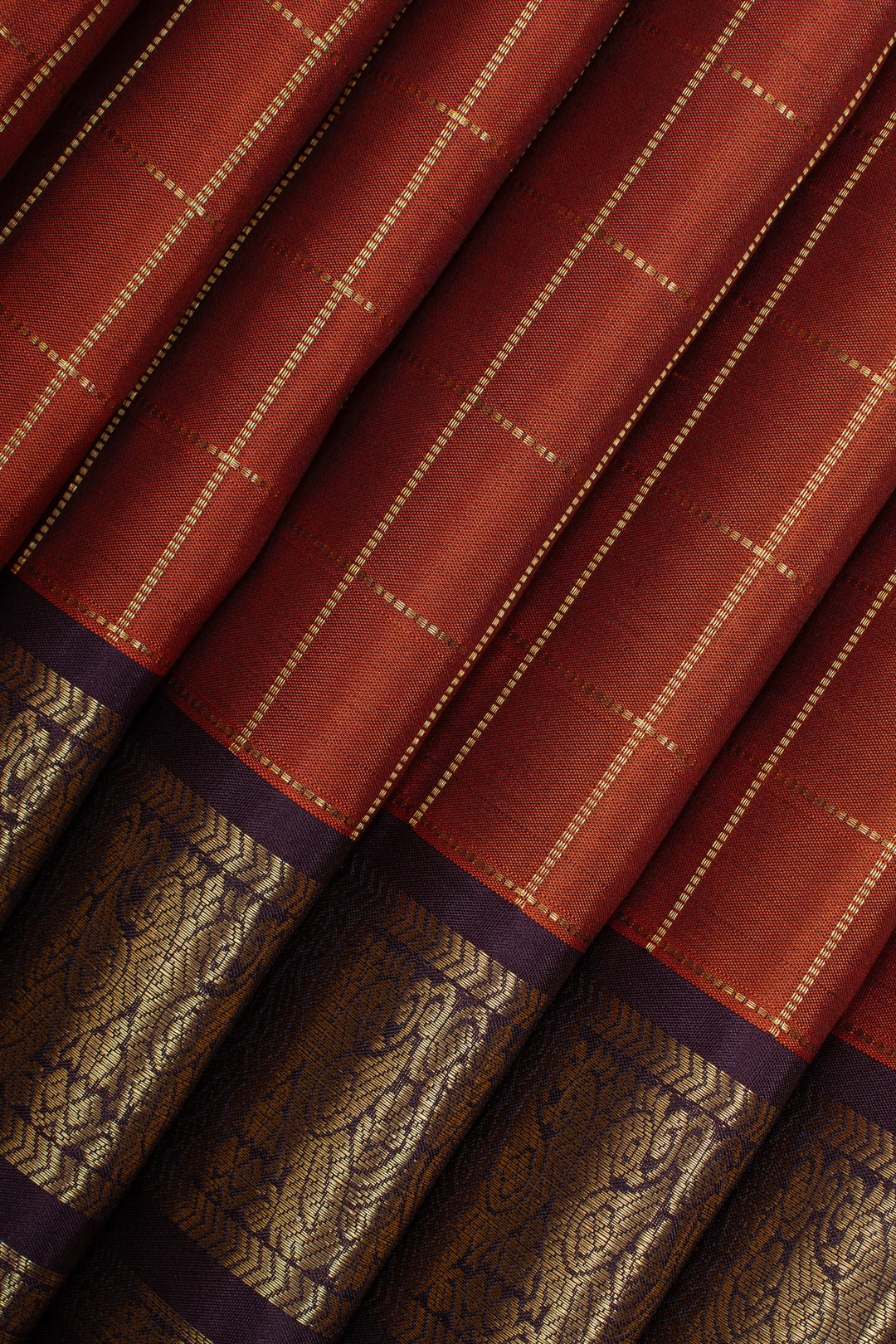 Rust orange Zari checks &amp; purple varisaipettu pure Kanchipuram silk saree