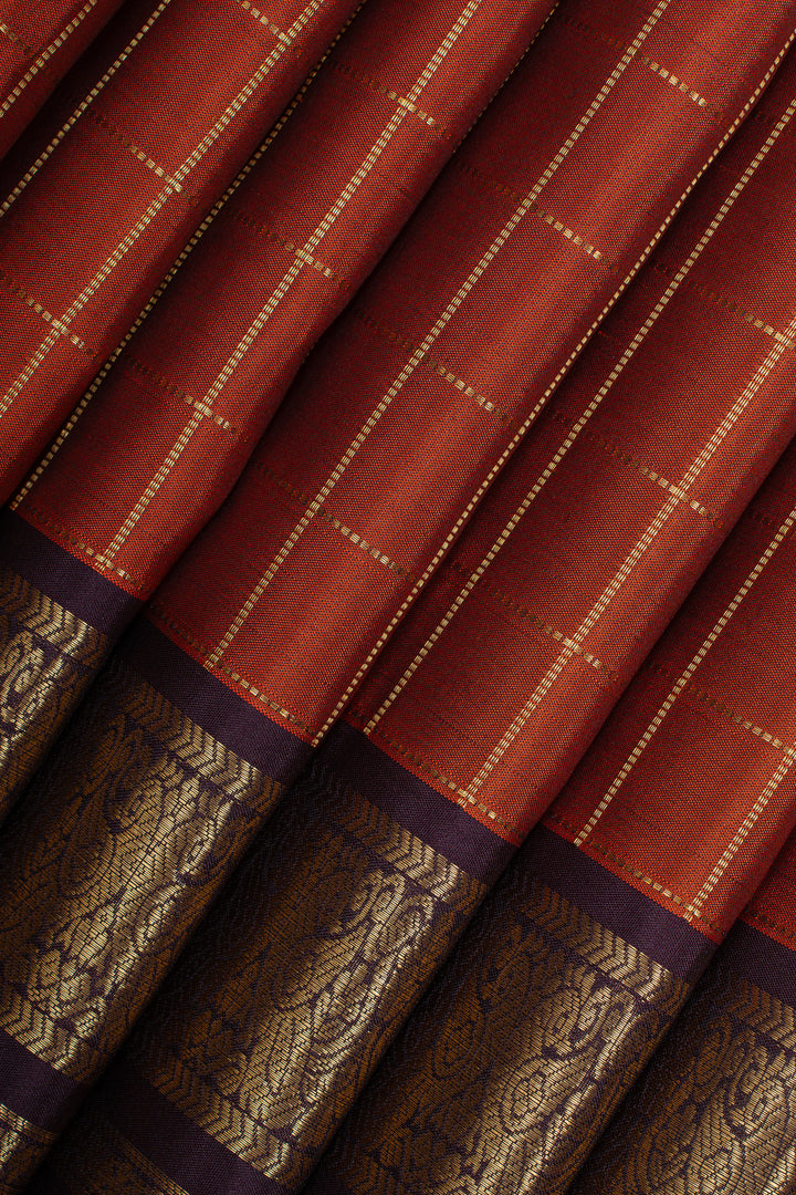 Rust orange Zari checks &amp; purple varisaipettu pure Kanchipuram silk saree
