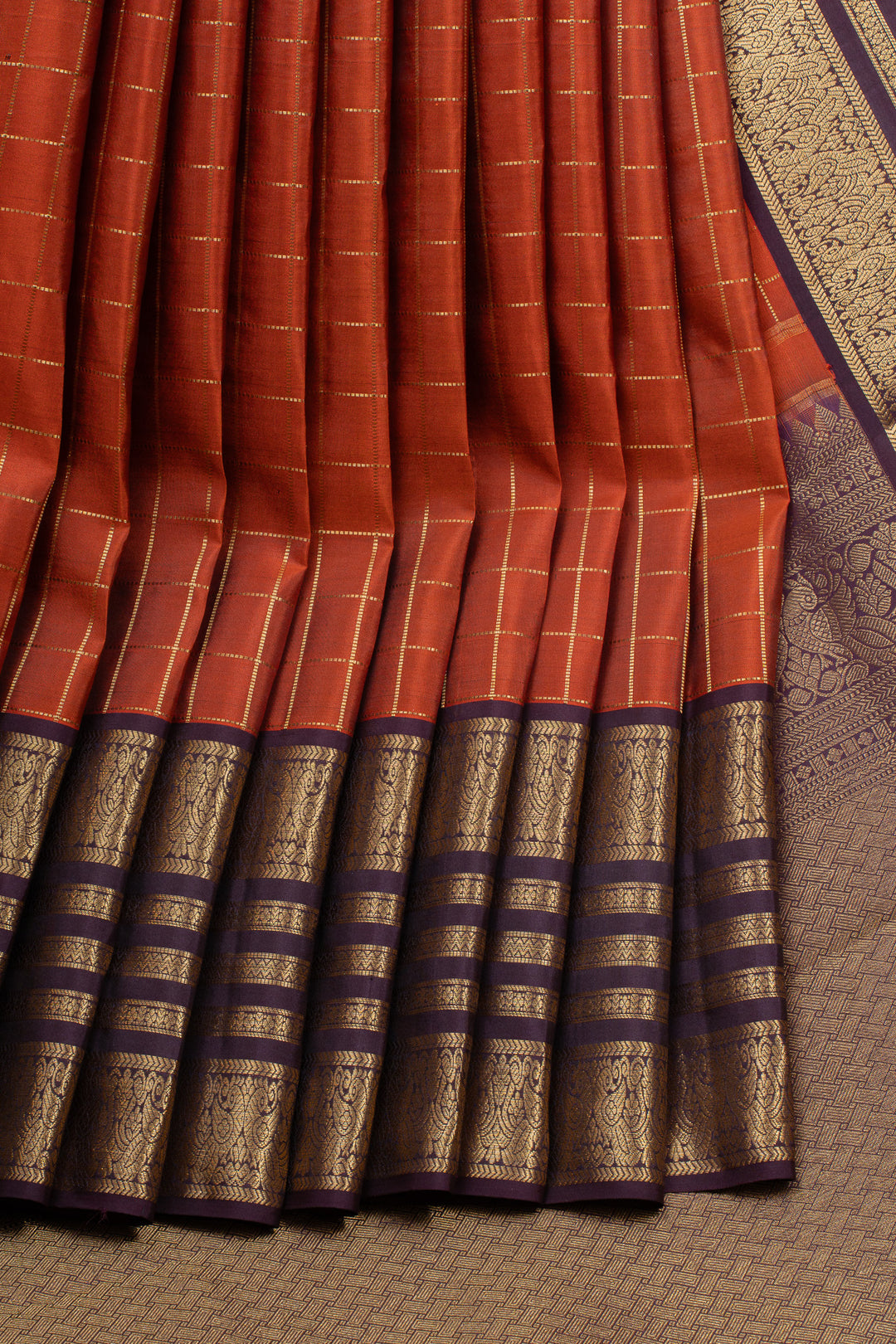 Rust orange Zari checks & purple varisaipettu pure Kanchipuram silk saree