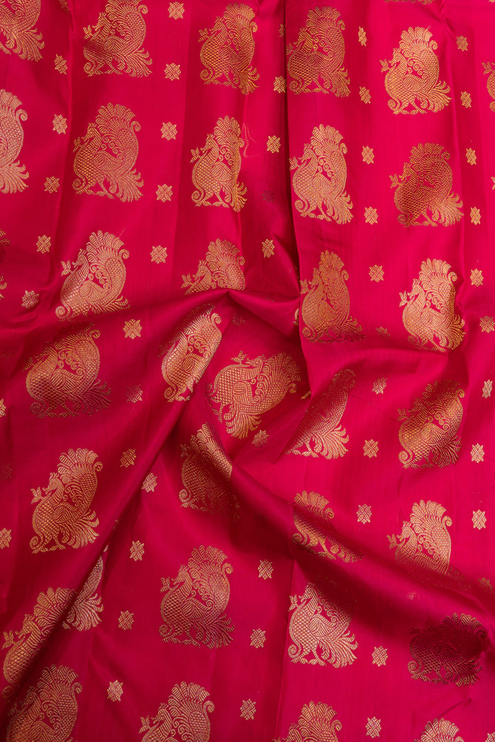 Reddish pink peacock motifs pure Kanchipuram silk saree